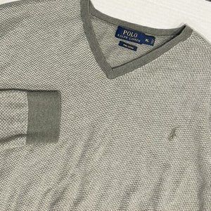 Polo Ralph Lauren Men's Pima‎ Cotton XL Gray White Chevron V-Neck Sweater